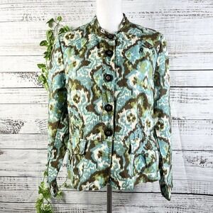 Charter Club Blazer Jacket Large Olive Green Blue Linen Floral Lagenlook Pockets